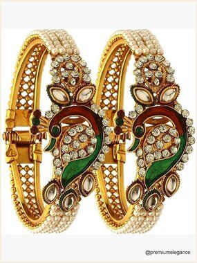 Indian Bangle Bracelets Faux Pearl Kundan Rhinestone Peacock Cuff Bangle